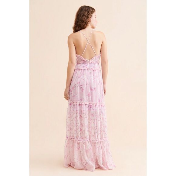 En Elly Ruffled Printed Maxi Dress in Pink Floral Plunge Strappy Cottagecore L - Picture 2 of 16